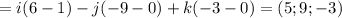 = i(6 - 1) - j(-9 - 0) + k(-3 - 0)={(5; 9; -3)}