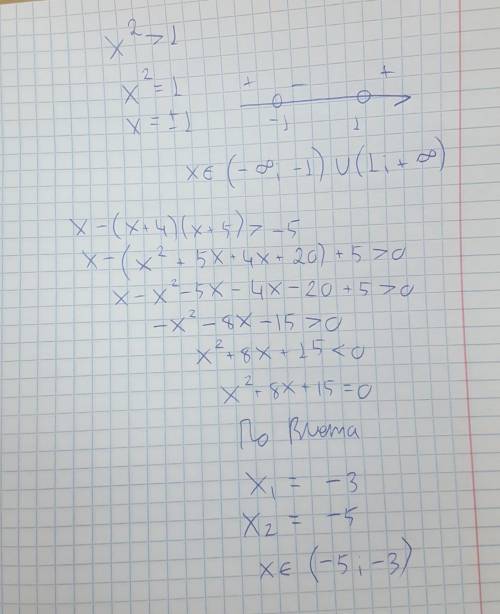 Розв'яжіть нерівності x²>1; x-(x+4)(x+5)> -5.