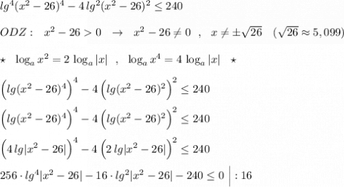 lg^4(x^2-26)^4-4\, lg^2(x^2-26)^2\leq 240\\\\ODZ:\ \ x^2-260\ \ \to \ \ x^2-26\ne 0\ \ ,\ \ x\ne \pm \sqrt{26}\ \ \ (\sqrt{26}\approx 5,099)\\\\\star \ \ \log_{a}x^2=2\, \log_{a}|x|\ \ ,\ \ \log_{a}x^4=4\, \log_a}|x|\ \ \star \\\\\Big(lg(x^2-26)^4\Big)^4-4\, \Big(lg(x^2-26)^2\Big)^2\leq 240\\\\\Big(lg(x^2-26)^4\Big)^4-4\, \Big(lg(x^2-26)^2\Big)^2\leq 240\\\\\Big(4\, lg|x^2-26|\Big)^4-4\, \Big(2\, lg|x^2-26|\Big)^2\leq 240\\\\256\cdot lg^4|x^2-26|-16\cdot lg^2|x^2-26|-240\leq 0\ \Big|:16