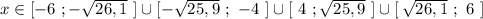 x\in [-6\ ;-\sqrt{26,1}\ ]\cup [-\sqrt{25,9}\ ;\ -4\ ]\cup [\ 4\ ;\sqrt{25,9}\ ]\cup [\, \sqrt{26,1}\ ;\ 6\ ]