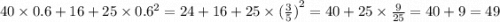 40 \times 0.6 + 16 + 25 \times {0.6}^{2} = 24 + 16 + 25 \times {( \frac{3}{5}) }^{2} = 40 + 25 \times \frac{9}{25} = 40 + 9 = 49