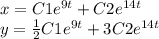 x = C1 {e}^{ 9t} + C2 {e}^{14t} \\ y = \frac{1}{2} C1 {e}^{ 9t} + 3C2 {e}^{14t}