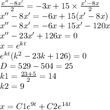 \frac{x''- 8x'}{2} = - 3x + 15 \times \frac{x' - 8x}{2} \\ x'' - 8x' = - 6x + 15(x'- 8x) \\ x'' - 8x' = - 6x + 15x' - 120x \\ x'' - 23x' + 126x = 0 \\ x = {e}^{kt} \\ {e}^{kt} ( {k}^{2} - 23k + 126) = 0 \\ D = 529 - 504 = 25 \\ k1 = \frac{23 + 5}{2} = 14 \\ k2 = 9 \\ \\ x = C1 {e}^{9t} + C2 {e}^{14t}