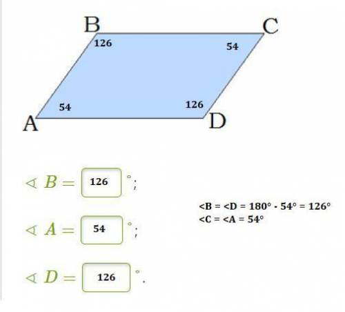 Вычисли остальные углы параллелограмма, если угол C равен 54°.