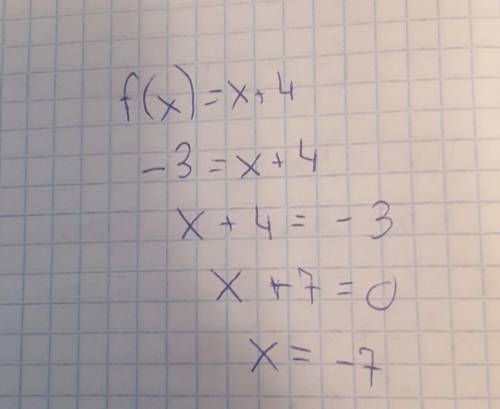 Функцію задано формулою f(x)=x+4,знайдіть значення аргументу ,при якому значення функції дорівнює -3