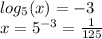 log_{5}(x) = - 3 \\ x = {5}^{ - 3} = \frac{1}{125}