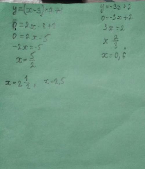 Постройте и прочитайте график функции 1) y=(x-3)'2+1 2) y=-3x+2