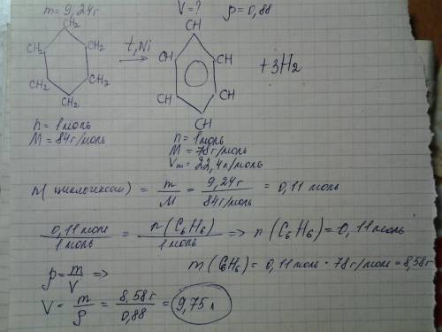 Химия. Решите Из циклогексана массой 9,24г получили бензол, рассчитайте его обьем если плотность рав