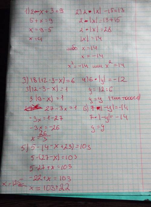 14. Решите уравнения 1) 2-х+3=9;2) 2× |х| -15=13,3) 18 (12-3-x) = 6,4) 6×|y|= -125) 5-(4-x+23)= 1036