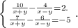 \left \{ {{\frac{10}{x+y} -\frac{4}{x-y} =2.} \atop {\frac{7}{x+y} -\frac{6}{x-y} =-5}} \right. .