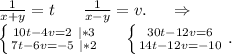 \frac{1}{x+y} =t\ \ \ \ \ \frac{1}{x-y}=v.\ \ \ \ \Rightarrow\\\left \{ {{10t-4v=2\ |*3} \atop {7t-6v=-5\ |*2}} \right. \ \ \ \ \left \{ {{30t-12v=6} \atop {14t-12v=-10}} \right. .