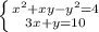 \left \{ {{x^{2} +xy-y^2 = 4} \atop {3x+y=10}} \right.