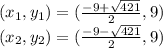 ( x_{1} , y_{1} ) = ( \frac{-9+\sqrt{421} }{2} , 9 )\\( x_{2} , y_{2} ) = ( \frac{-9-\sqrt{421} }{2} , 9)