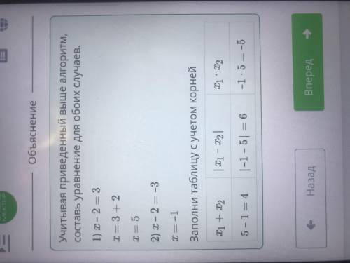 Определи корни уравнения |x – 2| = 3 и заполни пустые ячейки. x1 + x2 |x1 – x2| x1 ∙ x2