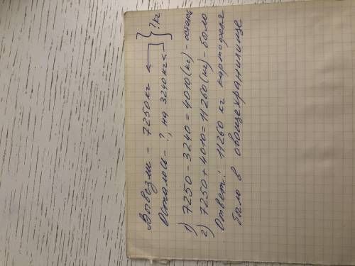 В овощехранилище был картофель. Когда оттуда вывезли 7250кг картофеля, его осталось на 3240кг меньше
