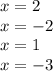 x = 2 \\ x = - 2 \\ x = 1 \\ x = - 3