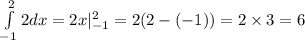 \int\limits ^{2 } _ { - 1}2dx = 2x| ^{ 2} _ { - 1} = 2(2 - ( - 1)) = 2 \times 3 = 6 \\