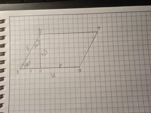 Определить площадь параллелограмма, если смежные стороны его равны 8 см и 12см. Величина острого угл