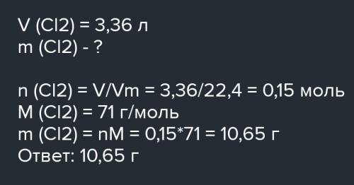 Визначте масу хлору об'ємом 3,36 л​