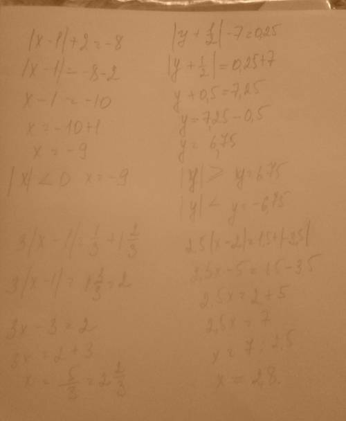 Решите уравнения: 1) |х-1|+2=-8; 2) |у+1/2|-7=0,25;3) 3|х-1|=1/3+1 2/3; 4) 2,5|х-2|=1,5+|-3,5|