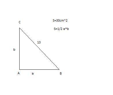 Гипотенуза трикутника 13 см катети а і в Площа трикутника 30 сантиметров квадратних Знайти катети тр