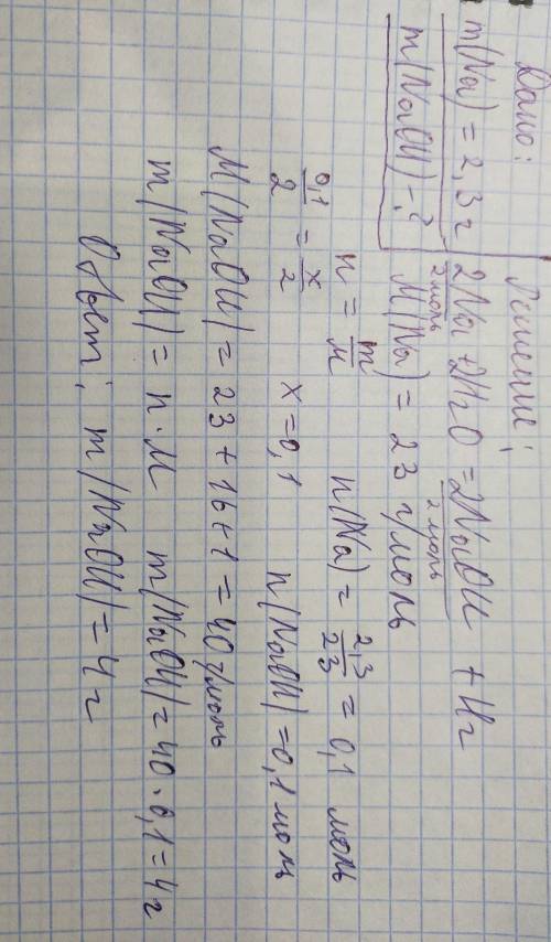 Какая масса гидроксида натрия (NaOH) образуется, когда 2,3 г натрия реагирует с водой? ответ: m(NaON