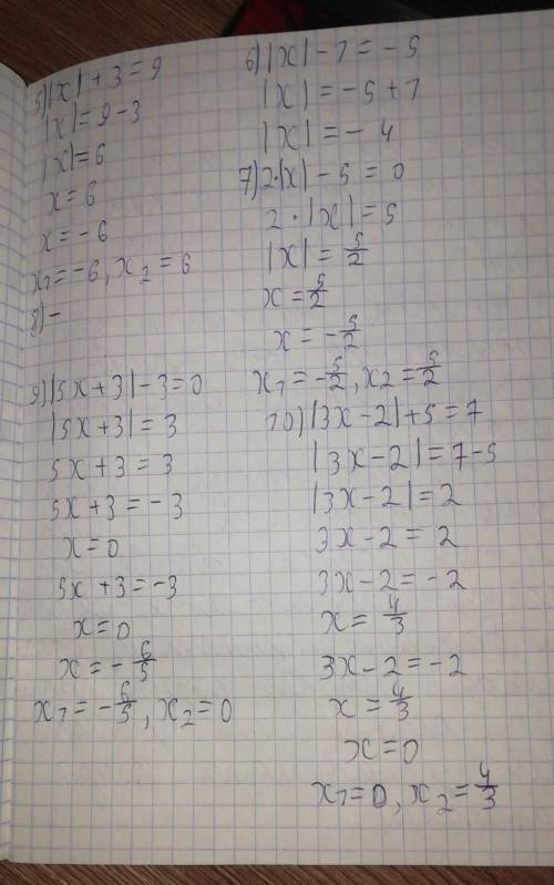 2) |x+2)= 3;3) |x-3) = 0;4) x + 4 = -3;5) |x|+3 = 9;6) |x| -1 = -5;7) 21x1-5 = 0;8) 51x1 +1 = 0;9) 1