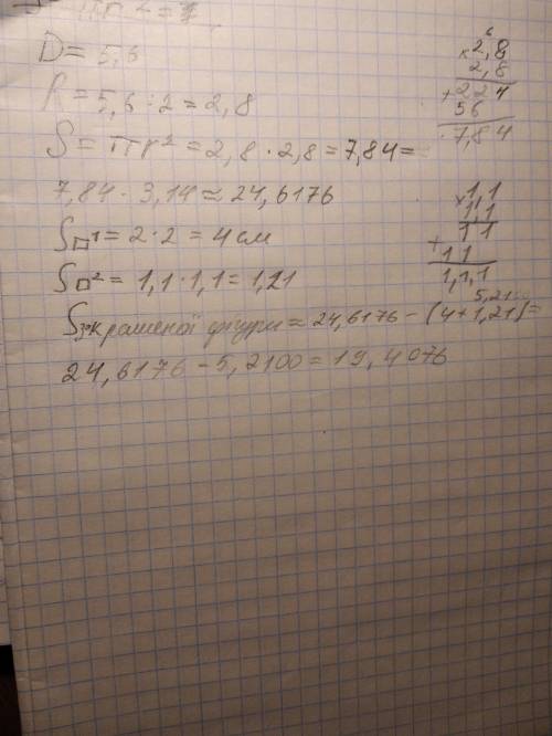 Визнач площу затушованої на рисунку частини, якщо діаметр круга 5,6см, а сторони квадратів 2см і 1,1