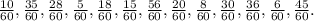 \frac{10}{60} , \frac{35}{60}, \frac{28}{60} , \frac{5}{60} , \frac{18}{60} , \frac{15}{60} , \frac{56}{60} , \frac{20}{60} , \frac{8}{60} , \frac{30}{60} , \frac{36}{60} , \frac{6}{60} , \frac{45}{60} .