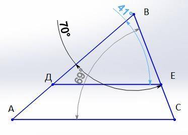 Нарисуй треугольник ABC и проведи DE ∥ AC. Известно, что: D∈AB,E∈BC, ∢CBA=70°, ∢EDB=41°.Вычисли ∡ BC