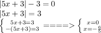 |5x+3|-3=0\\|5x+3|=3\\\left \{ {{5x+3=3} \atop {-(5x+3)=3}} \right. ====\left \{ {{x=0} \atop {x=-\frac{6}{5}}} \right.