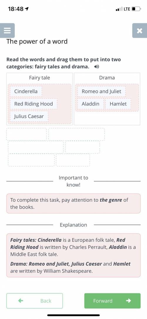 The power of a word Read the words and drag them to put into two categories: fairy tales and drama.