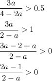 \dfrac{3a}{4-2a} 0.5\\\\\dfrac{3a}{2-a} 1\\\\\dfrac{3a-2+a}{2-a} 0\\\\\dfrac{2a-1}{2-a} 0