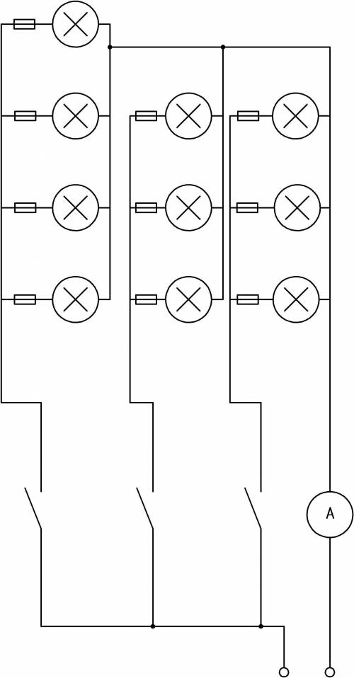 Задание по технологии начертите схему где будет: 10 лампочек, 4 включаются одним выключателем, 3 дру