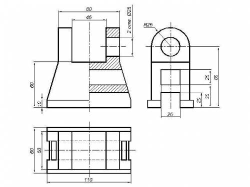 По двум проекциям детали построить третью с применением разрезов , указанных в схеме. Вычертить изом