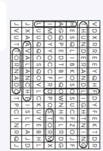 10 Find and circle the natural phenomena in the pictures. reVX ХRREYHFDYFEкTDRTHNERА ANDL-GHTNINheHE