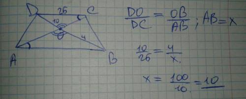 Диагонали трапеции ABCD с основанием AB и CD пересекаются в точке O. НАЙДИТЕ АВ, ЕСЛИ ОВ=4 СМ, ОD=10