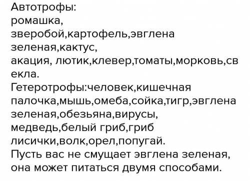 Соотнесите верно автотрофы 2) гетеротрофы3) миксотрофыУлитка, рак отшельник, калина, эвглена зеленая