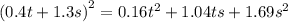 {(0.4t + 1.3s)}^{2} = 0.16 {t}^{2} + 1.04ts + 1.69 {s}^{2}