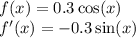 f(x) = 0.3 \cos(x) \\ f'(x) = - 0.3 \sin(x)