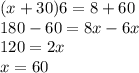 (x + 30)6 = 8 + 60 \\ 180 - 60 = 8x - 6x \\ 120 = 2x \\ x = 60