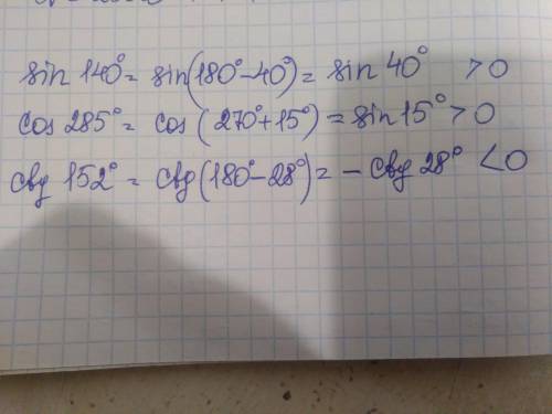 Сравните с нулем выражения sin 140,cos 285, ctg 152.​