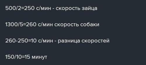 Собака усмотрела зайца в 150 саженях от себя. Заяц пробегает за 2 минуты 500 саженей, а собака- за 5