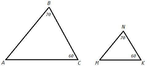 В треугольнике ABC AB=12 см,BC= 18 см,угол B=70 градусов,а в треугольнике MNK MN= 6 см, NK= 9 cм,уго