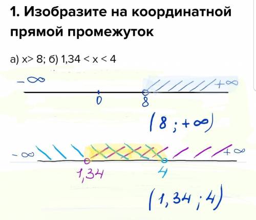 1. Изобразите на координатной прямой промежуток а) x> 8; б) 1,34 < x < 4