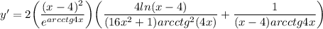 y' = \displaystyle 2 \bigg (\frac{(x-4)^2}{e^{arcctg4x} } \bigg ) \bigg ( \frac{4ln(x-4)}{(16x^2+1)arcctg^2(4x)} +\frac{1}{(x-4)arcctg4x} \bigg )