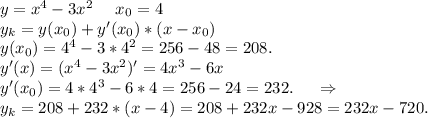 y=x^4-3x^2 \ \ \ \ x_0=4\\y_k=y(x_0)+y'(x_0)*(x-x_0)\\y(x_0)= 4^4-3*4^2=256-48=208.\\y'(x)=(x^4-3x^2)'=4x^3-6x\\y'(x_0)=4*4^3-6*4=256-24=232.\ \ \ \ \Rightarrow\\y_k=208+232*(x-4)=208+232x-928=232x-720.