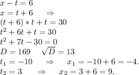 x-t=6\\x=t+6\ \ \ \ \Rightarrow\\(t+6)*t+t=30\\t^2+6t+t=30\\t^2+7t-30=0\\D=169\ \ \ \ \sqrt{D}=13\\t_1=-10\ \ \ \ \Rightarrow\ \ \ \ x_1=-10+6=-4.\\t_2=3\ \ \ \ \ \Rightarrow\ \ \ \ x_2=3+6=9.\\