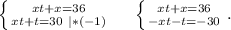 \left \{ {{xt+x=36} \atop {xt+t=30\ |*(-1)}} \right. \ \ \ \ \left \{ {{xt+x=36} \atop {-xt-t=-30}} \right. .