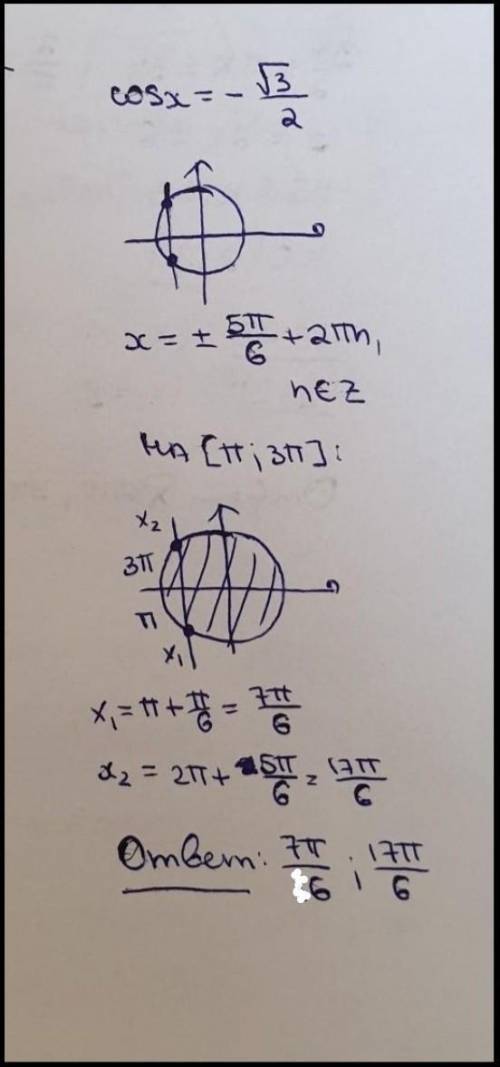 задание из проверочной Cos x= -√3/2Найти корни уравнения на промежутке [п; 3п]